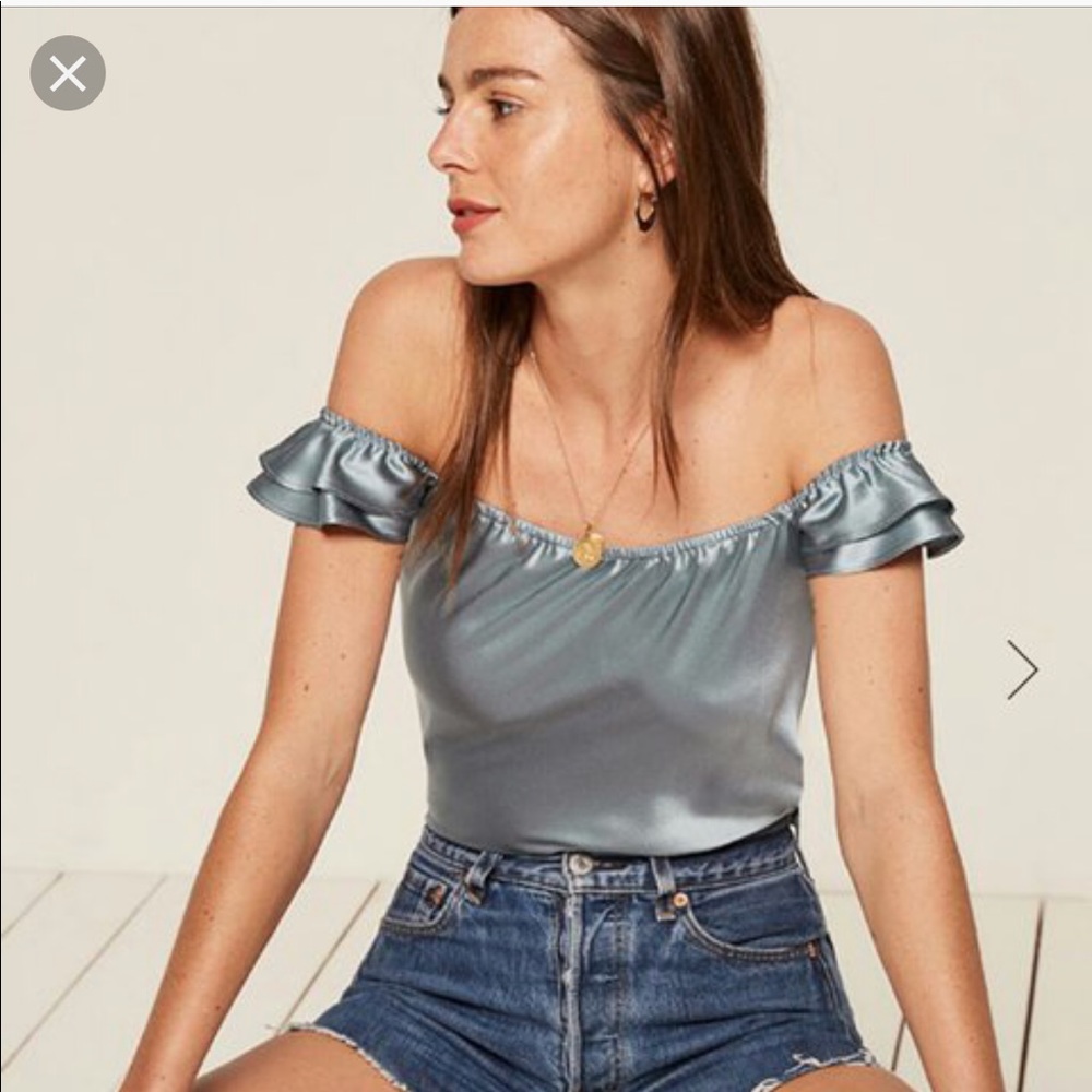 Reformation silk light blue off shoulder top. New